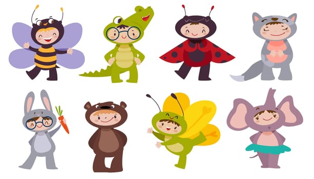 Flat funny children wearing carnival animal costumes. Cute kids characters on fun party smiling, dancing. Set of happy childs in bee, bear, cat, rabbit, elephant, crocodile and insect costume dress.