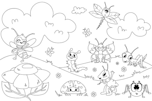 Cartoon coloring book page for kids. Black outline vector illustration for children with flowers, cute caterpillar, grasshopper, bee, butterfly and happy ladybug on white background.