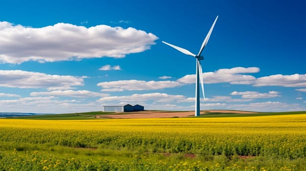 Wind turbine - renewable energy source. Windmill in a farm field. Power and energy.AI generated