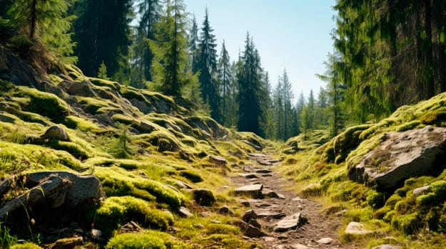 Rocky mountain path through the forest. Eco tourism in wild forests in mountainous areas. AI generated