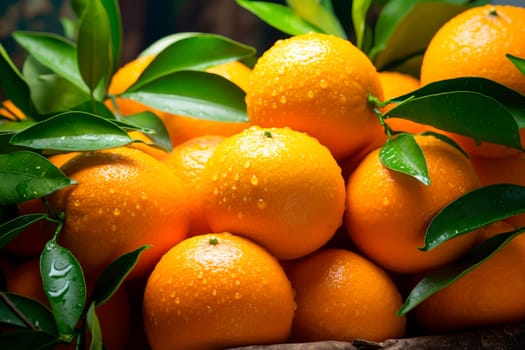 Close-up oranges with leaves and flowers. Pile of fresh orange fruits. AI generated