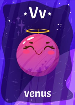 Printable space alphabet flashcard with letter V. Cartoon cute venus planet in solar system with english word name on flash card for children education. Kid cards for teaching reading in preschool.