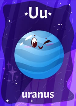 Printable space alphabet flashcard with letter U. Cartoon cute uranus planet in solar system with english word name on flash card for children education. Kid cards for teaching reading in preschool.