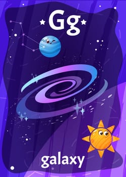 Printable space alphabet flashcard with letter G. Cartoon galaxy cosmic, planets and english word on flash card for children education. Kid cards for teaching reading in kindergarten or preschool.