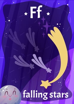 Printable space alphabet flashcard with letter F. Cartoon falling stars with english word on flash card for children education. Kid cards for teaching reading in kindergarten or elementary school.