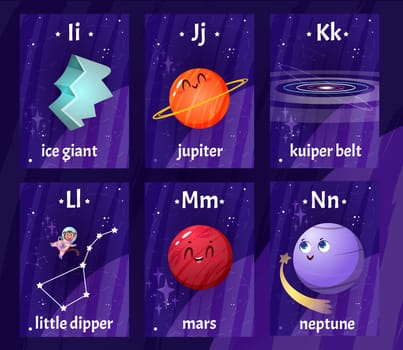 English alphabet flashcards with letters from I to N for children education. Printable kids flash cards with cartoon kuiper belt ring, planets and constellations for learning letters, words in school.