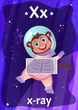 Printable space alphabet flashcard with letter X. Cartoon x-ray of animal astronaut in cosmos and english word name on flash card for children education. Kid cards for teaching reading in preschool.
