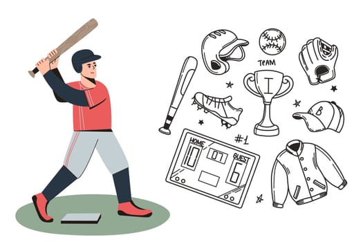Baseball icons doodle set of player, uniform for game and sport equipment. Hand drawing collection of bat, leather mitt, shoes or cleats, ball and gloves. Black helmet, champion cup and scoreboard.