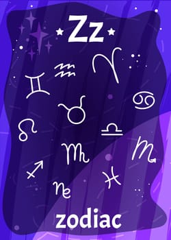 Printable space alphabet flashcard with letter Z. Cartoon zodiac signs in blue sky with english word name on flash card for children education. Kid cards for teaching reading in school or kindergarten