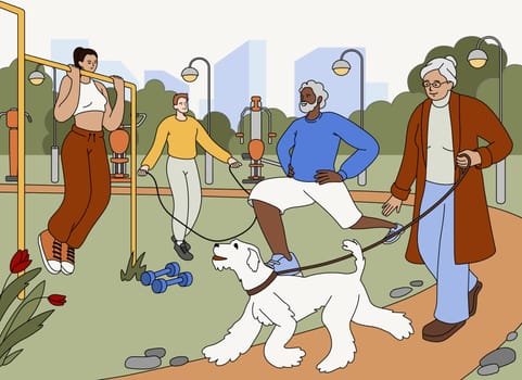 Flat people do sport, woman walk with dog in city park. Character training an outdoor gym, walking with pet at public place. Open air workout, physical exercising. Healthy lifestyle, active recreation