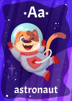 Printable space alphabet flash card with letter A. Cartoon cute dog astronaut and english word on flashcard for children education. Kid cards for teaching reading in kindergarten or primary school.