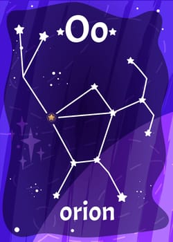 Printable space alphabet flash card with letter O. Cartoon stars in Orion constellation with english word name on flashcard for children education. Kid cards for teaching reading in kindergarten.