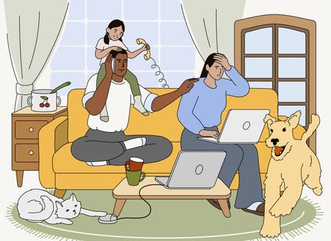 Flat family work on laptop from home with naughty kid and noisy domestic pets. Stressed exhausted freelancer parents working in mess room.Tired mom burnout, fatigue father or multitasking concept.