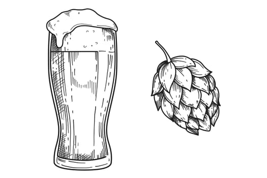 Hand drawn full of beer glass mug with foam and hops plant in engraving style. Vector engraved black vintage illustration of alcohol drink. Design element for brewery, poster, label, emblem or menu.