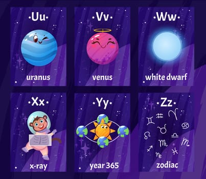 English alphabet flashcards with letters from U to Z for children education. Printable kids flash card with astronaut with X-ray scan, planets in cosmos, white dwarf, zodiac sings for learning letters