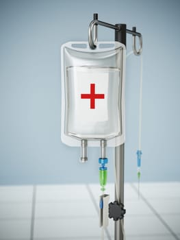 Wheeled adjustable IV pole with serum bag in hospital corridor. 3D illustration.