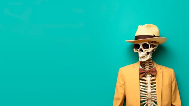 Portrait of a human skeleton in a hat and yellow blazer on a blue background. Copy space. AI generated