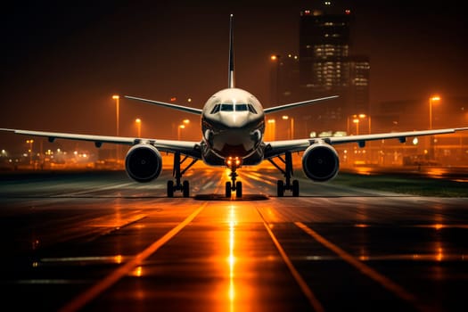 Front view the plane is ready to take off from the runway with a night urban background. AI generated