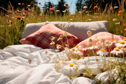 Perfect sleeping place, soft pillows and blanket in a summer wildflowers meadow. A bed in a flowers field - concept of good sleep. AI generated