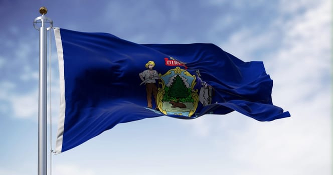 Maine state flag waving in the wind on a clear day. State coat of arms centered on a dark blue field. 3d illustration render. Rippled fabric
