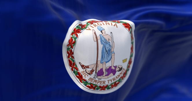 Close-up of Virginia state flag waving in the wind. State seal in the middle of a dark blue background. 3d illustration render. Rippled fabric. Selective focus