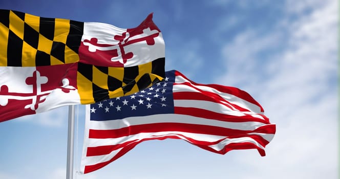 Maryland state flag waving in the wind with the american national flag on a clear day. 3d illustration render. Rippled fabric