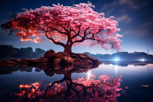 A beautiful cherry tree, with delicate branches and flowers in full bloom, stands out in a night landscape illuminated by the soft light of the moon and stars. Sakura blossoms at night. AI generated