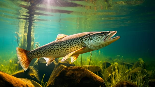 Freshwater fish underwater on a lake with a stones and water plants. The sunlight reflects a beautiful light on them.AI generated