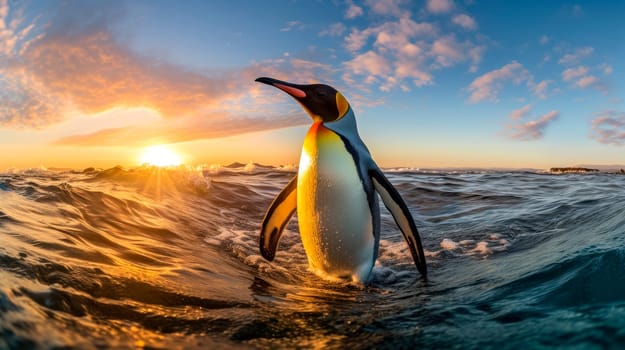 King penguin walking through the cold water at ocean shore against setting sun. AI generated