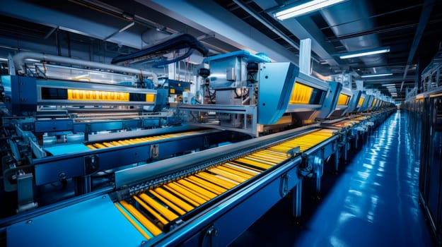 Automated food manufacturing line .Production line with conveyor rollers for objects transportation. Food factory line conveyor machine.AI generated