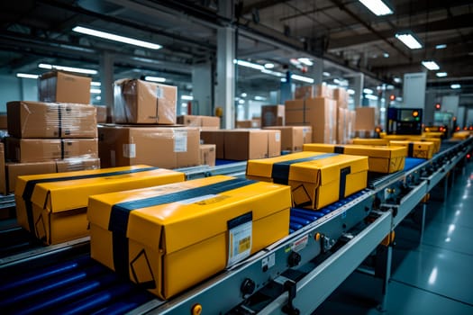 Boxes on conveyor. Automated warehouse process. Cardboard parcels on production line.AI generated