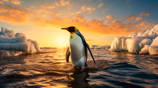 King penguin walking through the cold water at ocean shore against setting sun. AI generated