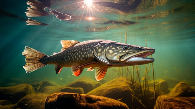 Underwater image of a big Pike. Life in freshwater. Predator of the fish. AI generated