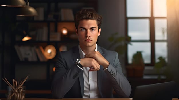 Portrait of handsome successful businessman, ceo with serious face. Employee sitting at modern office or home cabinet. High quality photo