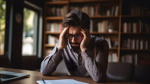 Overworked young man. Stressed person. Exhausted, burnout, anxiety student, close tired eyes. Employee frustrated with mistake. Overtime. Busy office employee. Fatigue of freelance work. Man is bored