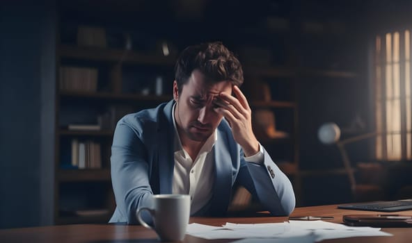 Portrait of businessman having stress, feeling headache, pain. Working hard, late at night at computer desk. Sitting in the dark room office. Hands on head, eyeglasses. Stressed ceo. Lots of documents