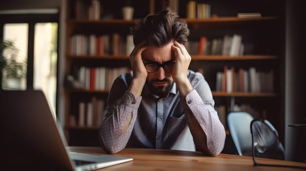Fatigue of freelance work. Complex project documentation. Man is bored and sleepy. Busy office employee suffer from chronic dry eye syndrome spending hours in front of laptop. Overworked young man