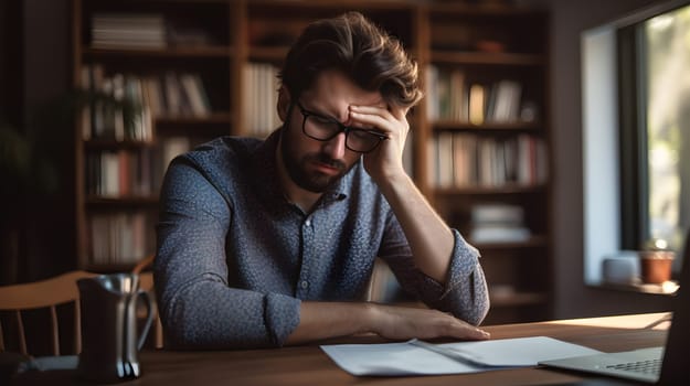 Overworked young man. Stressed ceo person. Exhausted, burnout, anxiety manager take break in online work, close tired eyes. Need some rest. Employee frustrated with mistake. Overtime concept