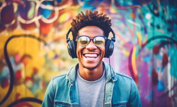 Portrait of a cheerful black stylish teen standing over multicolored graffiti walll, listening to music with headphones. Generative AI.