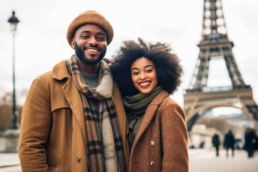 Black cheerful happy couple in love visiting Paris - Couple in love having fun at city centre on travel excursion - Modern lovely couple lifestyle. Generative AI.