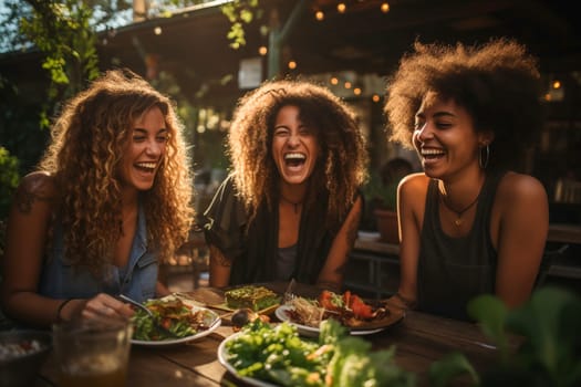 Young women dining and having fun eating toghether at restaurant - Multiracial happy young people laughing enjoying meal having fun sitting together at restaurant table  - Friendship life style concept on warm evening filter. Generative AI.