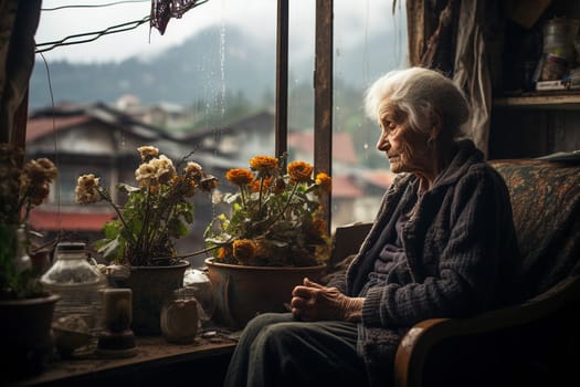 Loneliness concept, old-age depression. Lonely old woman looking sadly out of the window. Generative AI.