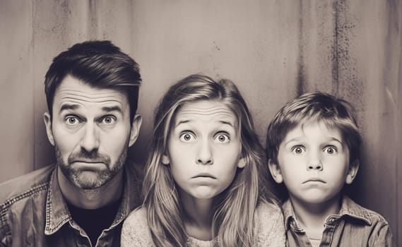 Portrait photo of family making funny faces. Generative AI.