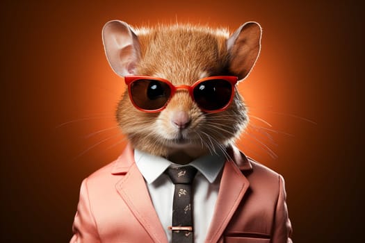 Portrait of cute mouse with sunglasses wearing suit and tie on solid background. Generative AI.