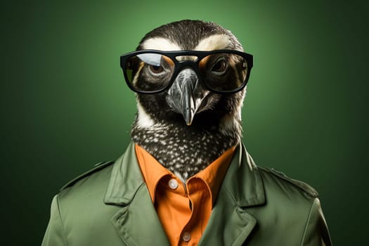 Portrait of penguin with sunglasses wearing suit and shirt on solid background. Generative AI.