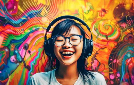Portrait of a cheerful asian stylish teen standing over colourful background, listening to music with headphones. Generative AI.
