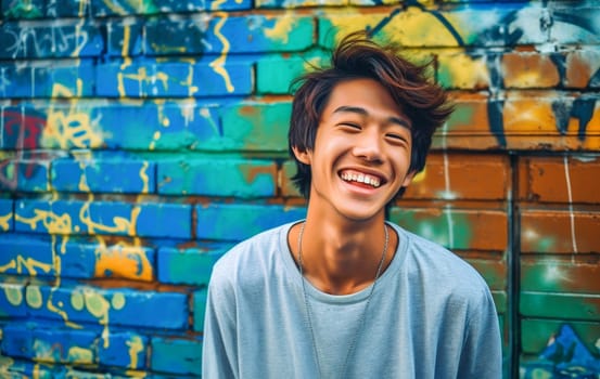 Portrait of smiling modern young teen Asian standing against painted wall in city street. Generative AI.