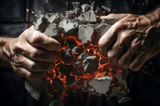 Hands breaking concrete wall. Generative AI.