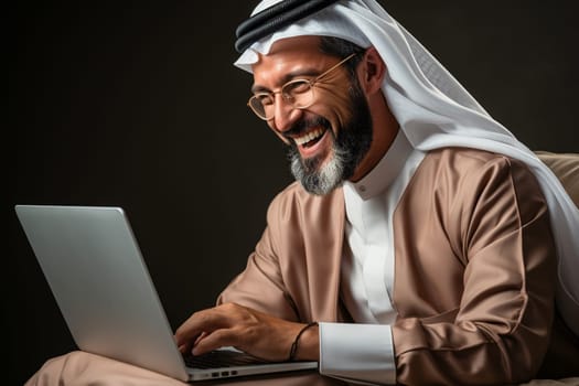 Middle age Saudi Arab businessman wearing traditional dress using laptop. Generative AI.