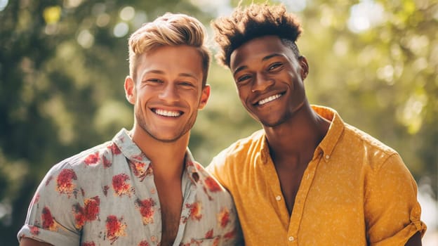 Happy gay couple in the park spending time together. Generative AI.